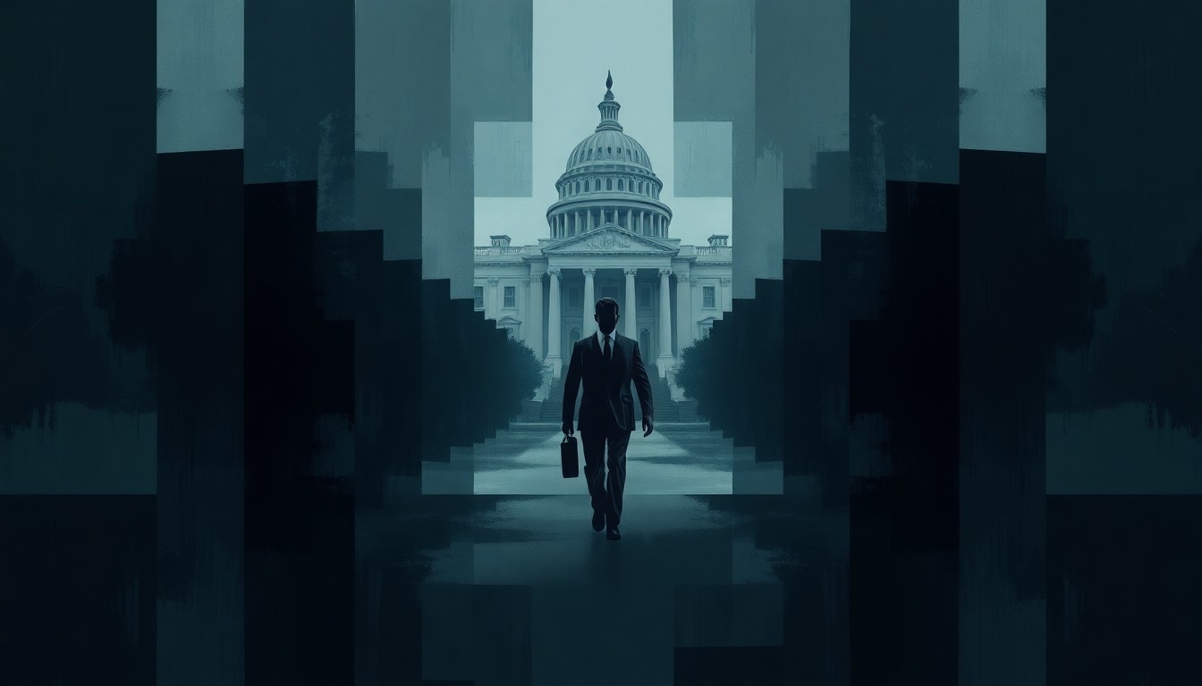 A fractured, abstract painting depicting a shadowy figure in a suit walking away from a government facility, the image repeated in overlapping geometric waves of dark colors, conveying a sense of mystery and loss around the disappearance of critical defense scientists.
