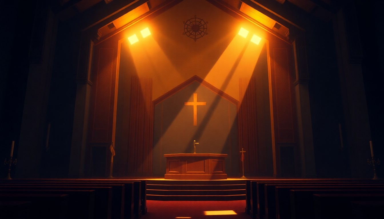 A quiet, cinematic painting of an empty church pulpit, bathed in warm, diagonal sunlight and deep shadows, conveying a sense of contemplation and spiritual reflection.