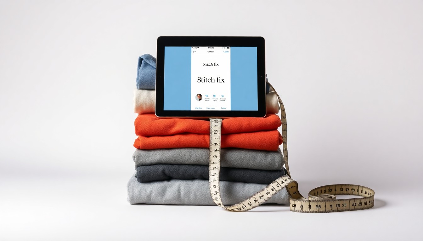 A high-end, photorealistic studio still-life photograph featuring a stack of neatly folded clothing, a measuring tape, and a tablet displaying Stitch Fix's app interface, all arranged elegantly on a clean, monochromatic seamless background, conceptually representing the company's data-driven approach to personal styling.
