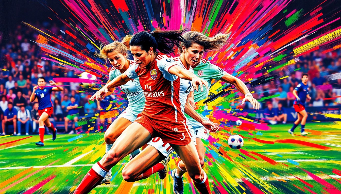 An abstract, expressionistic painting in bright neon colors depicting the dynamic motion and energy of a women's soccer match, with players' forms dissolving into vibrant brushstrokes.