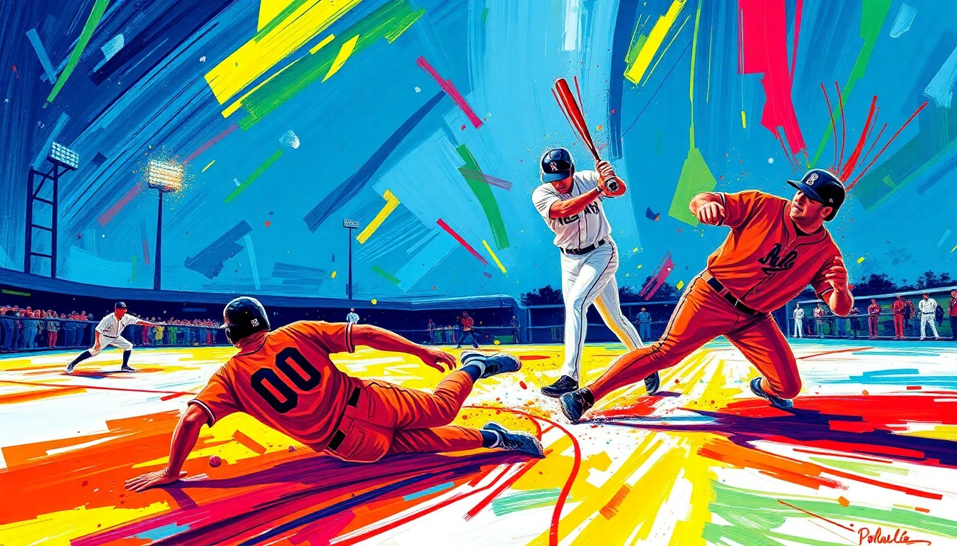 A highly textured, abstract painting in neon colors, capturing the dynamic motion and energy of baseball players on a snow-covered field, conceptually representing the challenging weather conditions that impacted the Dodgers-Rockies series.