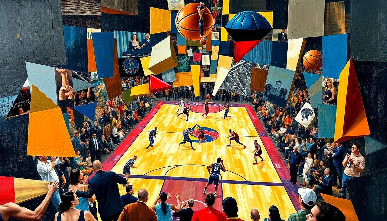 A fractured, multi-perspective painting in vibrant colors, depicting the action and energy of a basketball game between the Nuggets and Timberwolves, with the players and court broken down into sharp, overlapping geometric shapes.