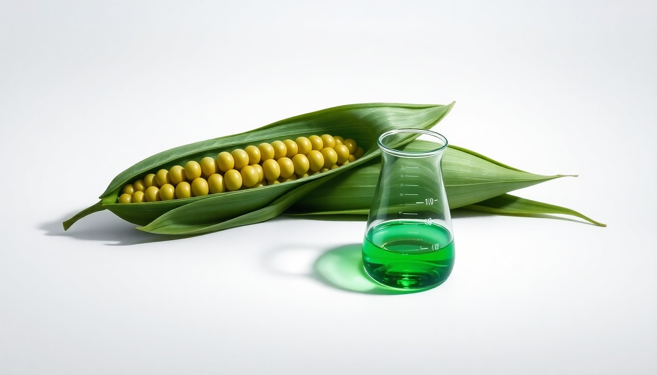 A photorealistic studio still life featuring a metallic soybean pod and a glass beaker filled with a vibrant green liquid, symbolizing the advanced agricultural technology behind Corteva's new product launches.
