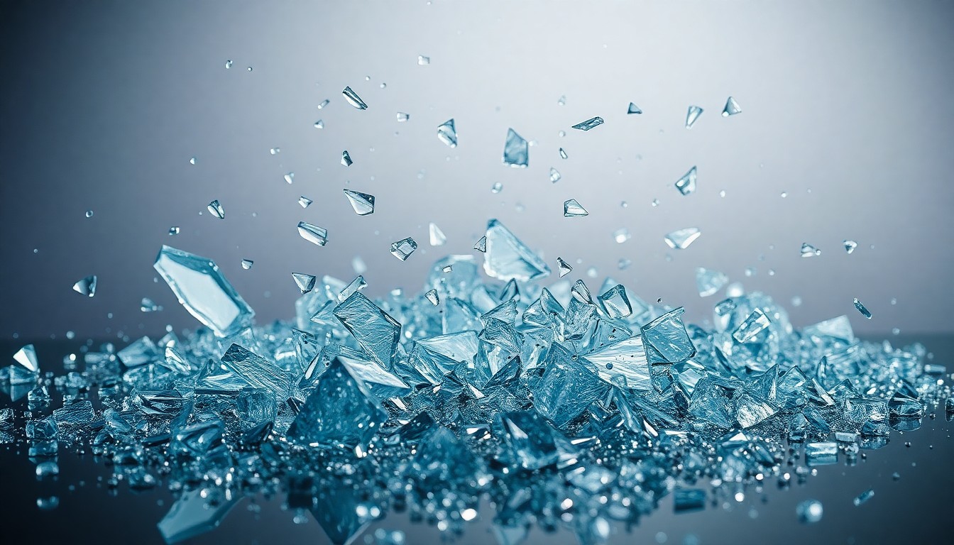 An extreme close-up of shattered glass and glittering shards in dramatic, high-contrast studio lighting, conceptually representing the fragmented and precarious state of the literary landscape.