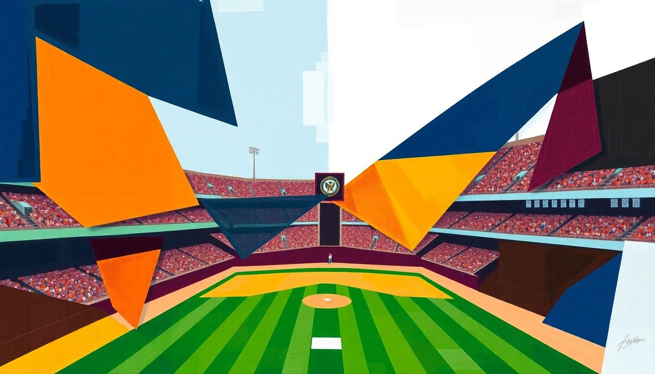 A cubist, geometric painting in navy blue, orange, maroon, and white, depicting the action and energy of a high school baseball game in an abstract, fragmented style.