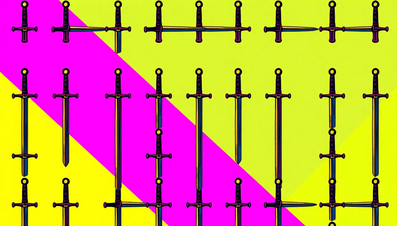 A vibrant, high-contrast silkscreen print featuring a medieval-style sword repeated in a grid pattern, rendered in bold neon colors and heavy black outlines to capture the lively energy of a Renaissance festival.