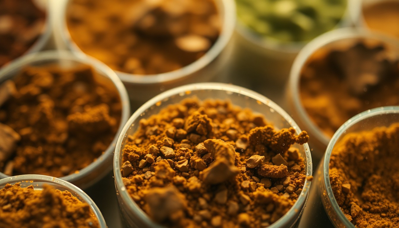 An abstract, impressionistic photograph of soil samples in blurred focus, with warm earth tones and soft, hazy lighting creating a contemplative, naturalistic mood.