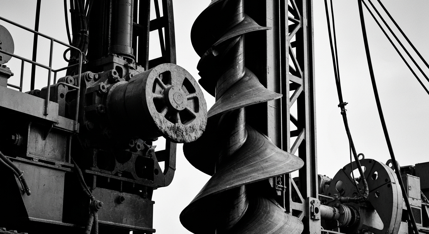 A high-contrast, black-and-white close-up image of heavy oil and gas drilling equipment, conveying the physical scale and power of the energy industry's infrastructure.