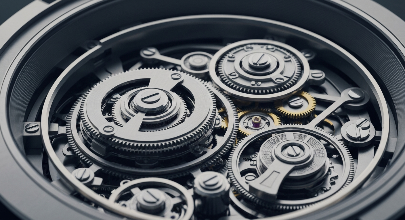 An extreme close-up of the complex inner workings of a luxury watch, with gears, springs, and other intricate components filling the frame, representing the complex financial infrastructure and institutional forces shaping the luxury resale market.