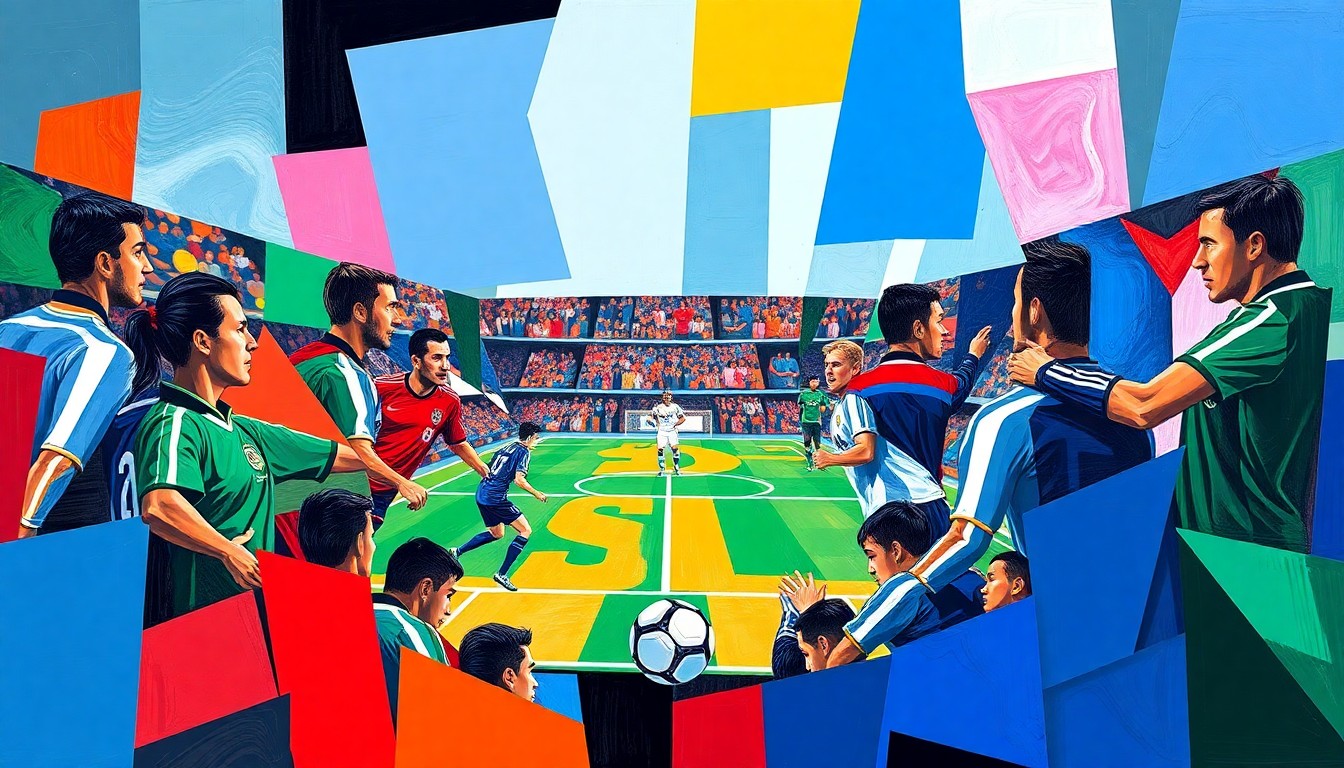 A cubist, geometric painting depicting a soccer match, with overlapping planes of color representing the players and action on the field.