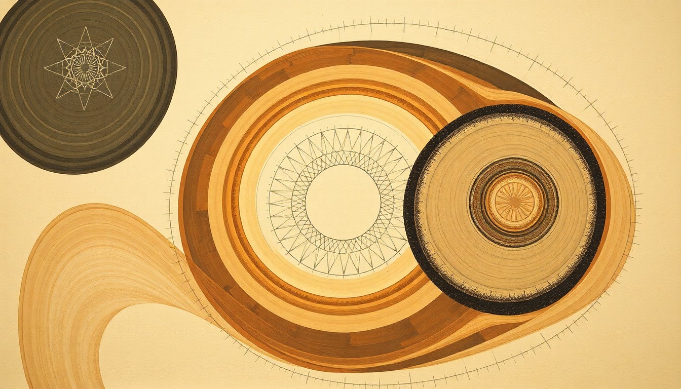 A bold, abstract painting in muted greens, browns, and blues, featuring sweeping geometric shapes, concentric circles, and intricate botanical patterns, conveying the complex scientific principles behind sustainable farming practices.