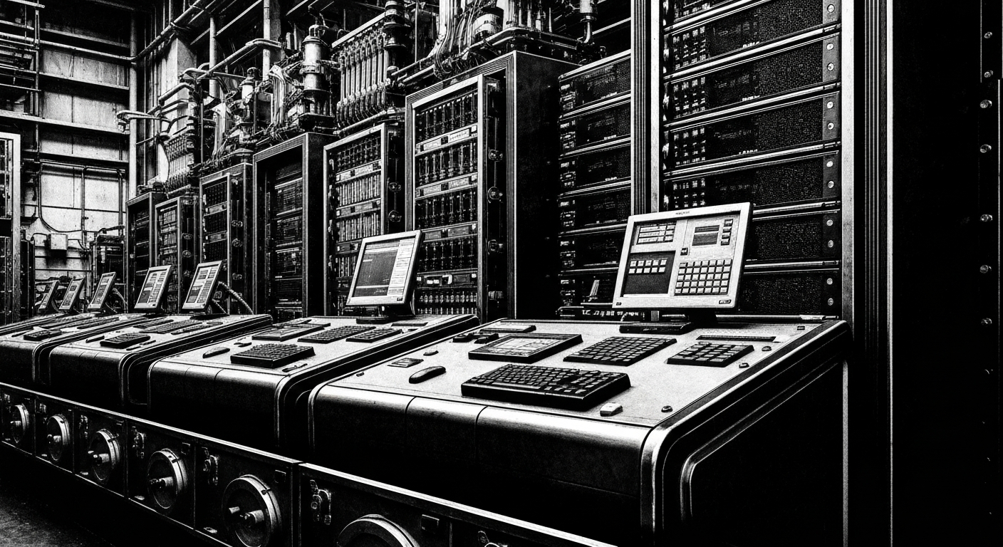 A dramatic close-up of complex financial machinery and equipment, such as computer servers and trading terminals, rendered in a high-contrast, industrial style to convey the power and complexity of the financial system.