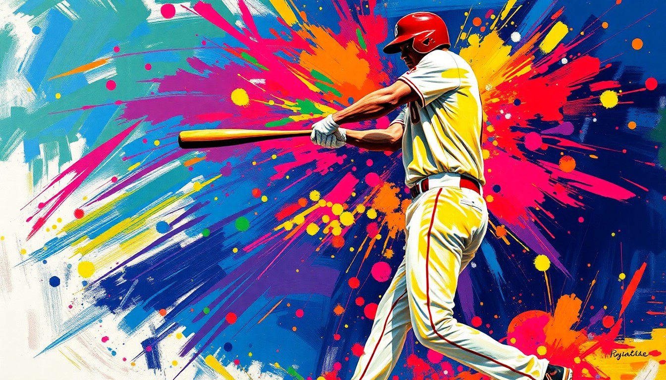 An extreme close-up of a baseball player's bat making contact with the ball, the impact creating a vibrant explosion of neon paint splatters across the frame.