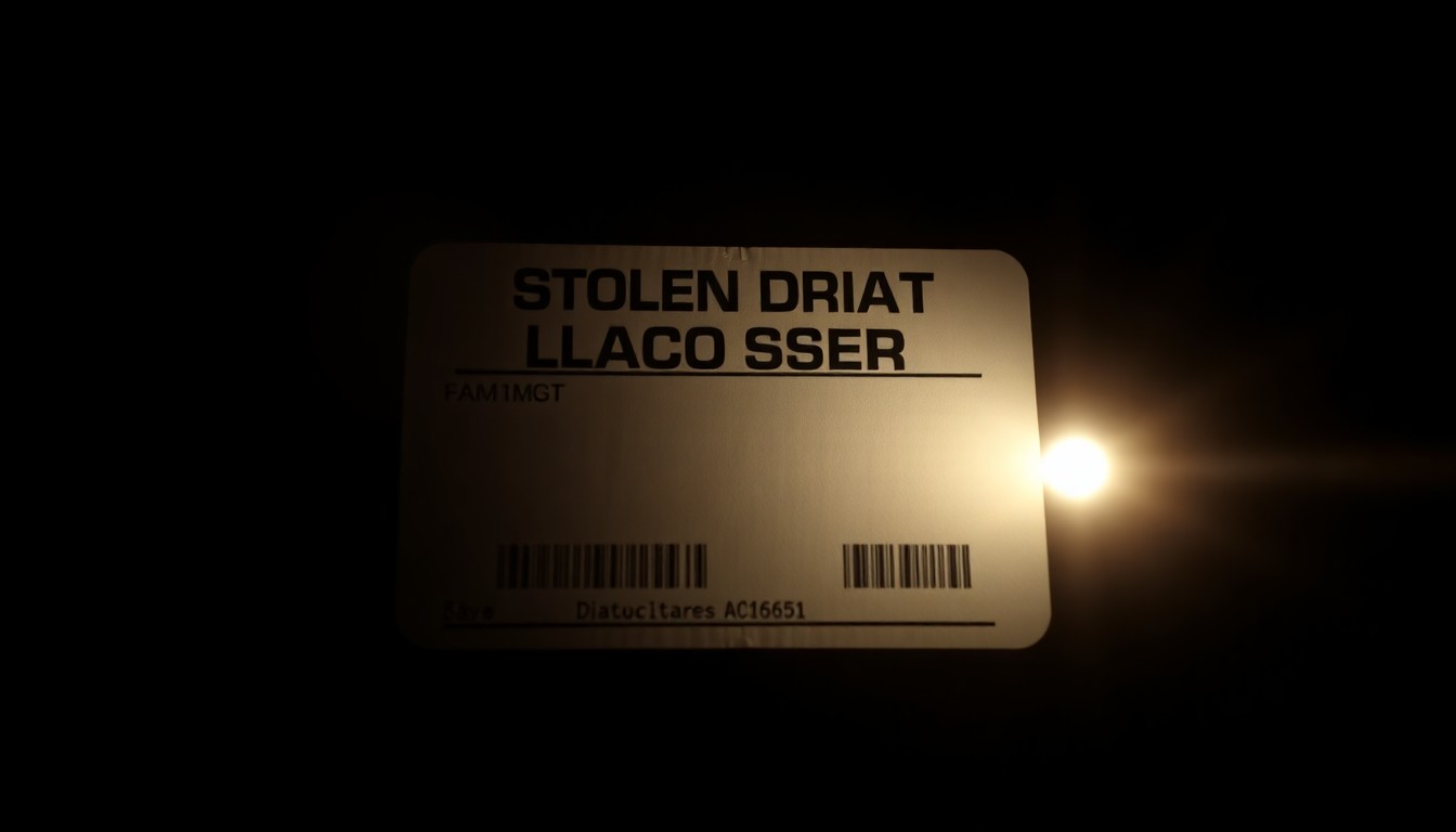 An extreme close-up photograph of a stolen package label or delivery driver's ID badge, capturing the harsh, gritty details and creating a sense of investigation into the crime.