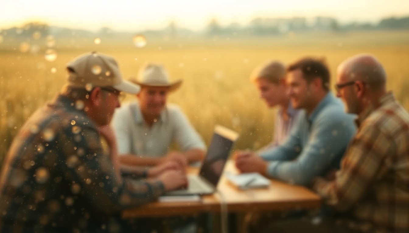 An extremely blurred, out-of-focus photograph in warm, hazy tones depicting a group of farmers gathered around a laptop computer, conceptually representing the virtual nature of the no-till conference.