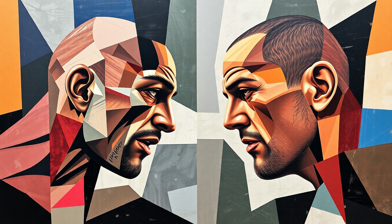 A fragmented, geometric painting depicting the intense action of the UFC light heavyweight title fight, with the combatants' forms broken down into sharp, overlapping planes of color and shape.