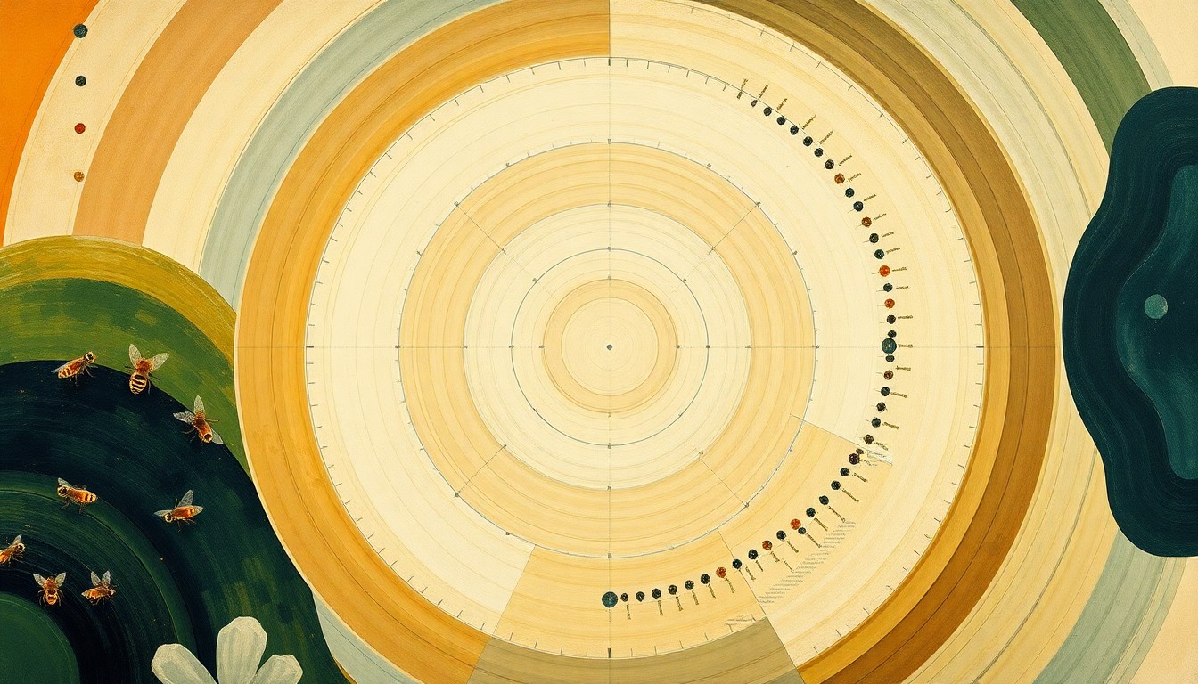 A bold, abstract painting in muted earth tones depicts interlocking geometric shapes and waveforms, representing the intricate relationships between insecticides, bee populations, and environmental factors.