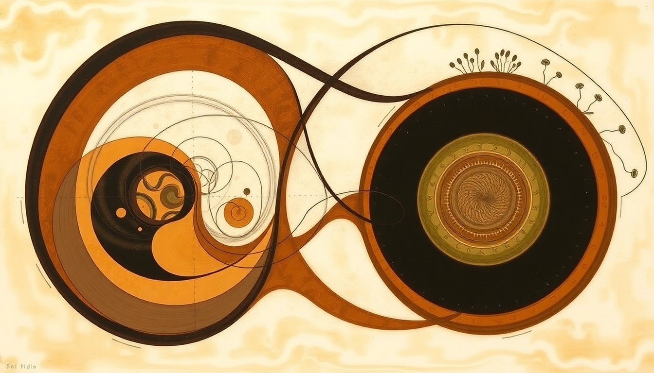 A highly textured, abstract painting in earthy tones depicting sweeping geometric arcs, intersecting waveforms, and precise botanical spirals, conceptually representing the unseen forces and interactions within the soil microbiome that no-till farmers must navigate.