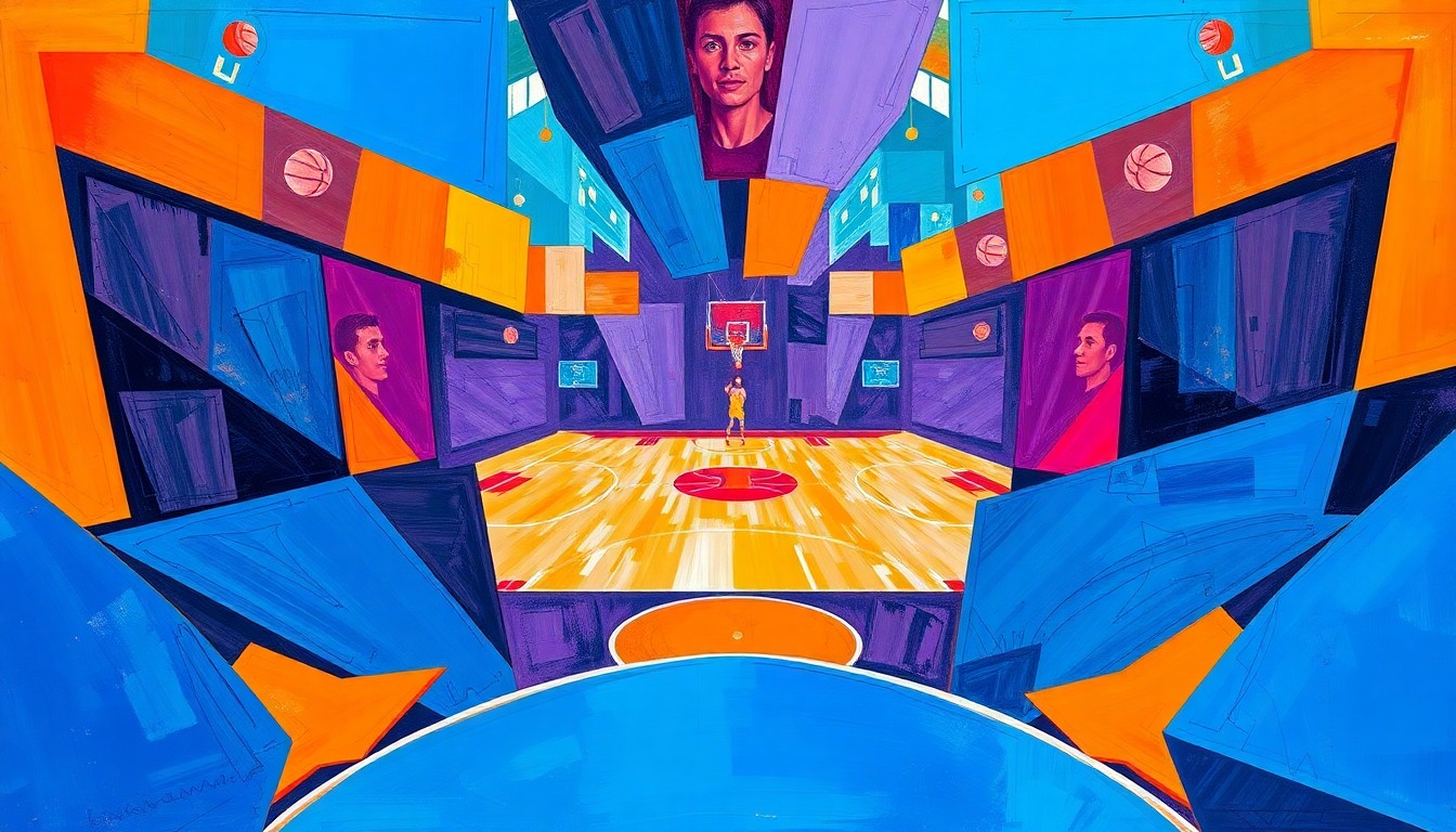 A cubist, geometric painting depicting a fragmented basketball court and players, with sharp planes of color representing the shifting dynamics of the Warriors' roster and coaching staff.