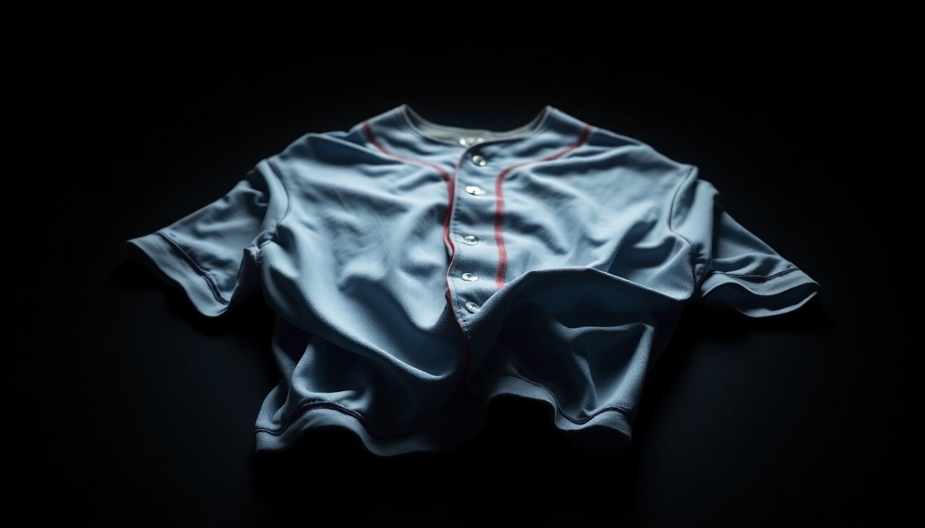 An extreme close-up photograph of a crumpled youth softball jersey against a dark background, capturing the gritty, investigative aesthetic of the crime scene.