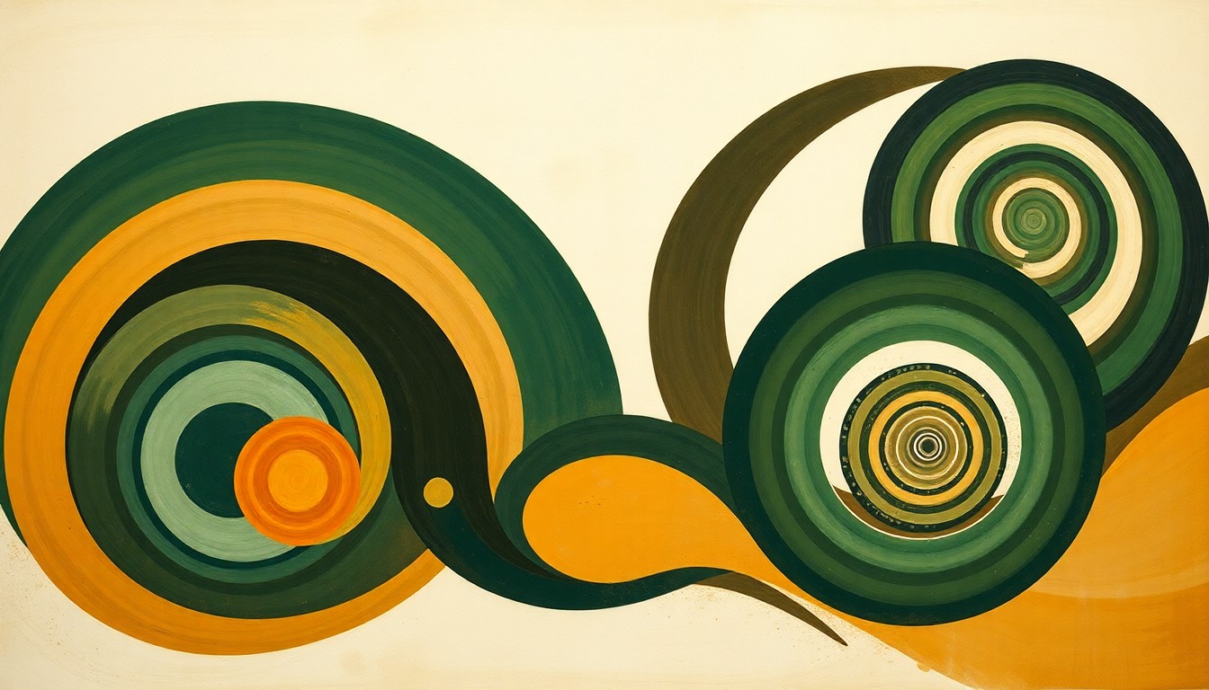 A highly structured abstract painting in earthy tones, featuring sweeping geometric arcs, concentric circles, and precise botanical spirals, conceptually representing the complex carbon cycle and sustainable farming techniques that minimize environmental impact.