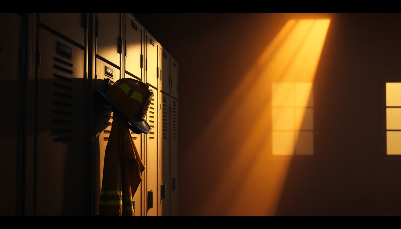 A dimly lit, cinematic painting of a firefighter's helmet and uniform hanging on a locker, with warm sunlight casting deep shadows across the scene, conveying a sense of quiet contemplation and the union's focus on community service.
