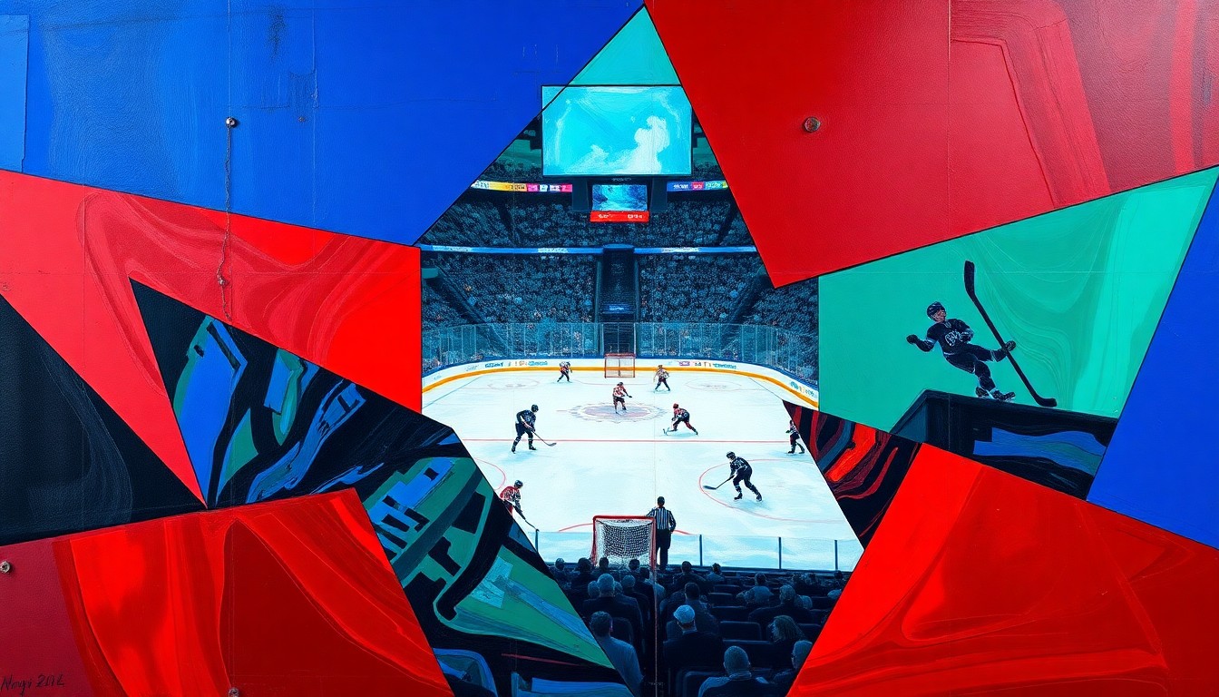 A cubist, geometric painting depicting the fractured, multi-angled movements and energy of a hockey player or NHL draft prospect, using a vibrant color palette of blues, reds, and greens to capture the dynamic nature of the sport.