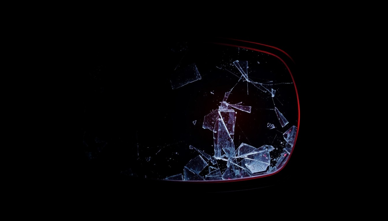 An extreme close-up photograph of a shattered car side mirror, reflecting a faint red light, against a pitch-black background, conceptually illustrating the aftermath of a hit-and-run incident.