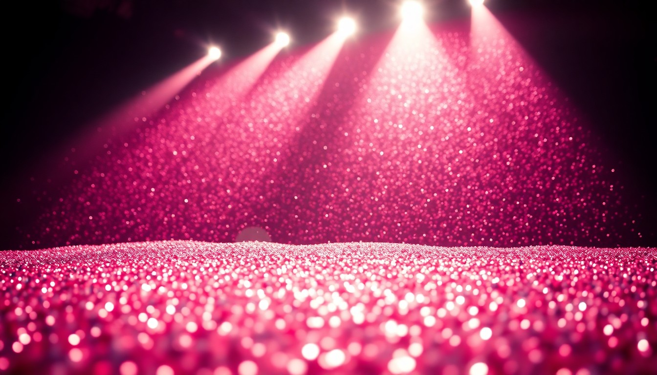 An abstract, high-contrast close-up photograph of shimmering, glittering sequins, capturing the glamour and energy of a major music festival performance.