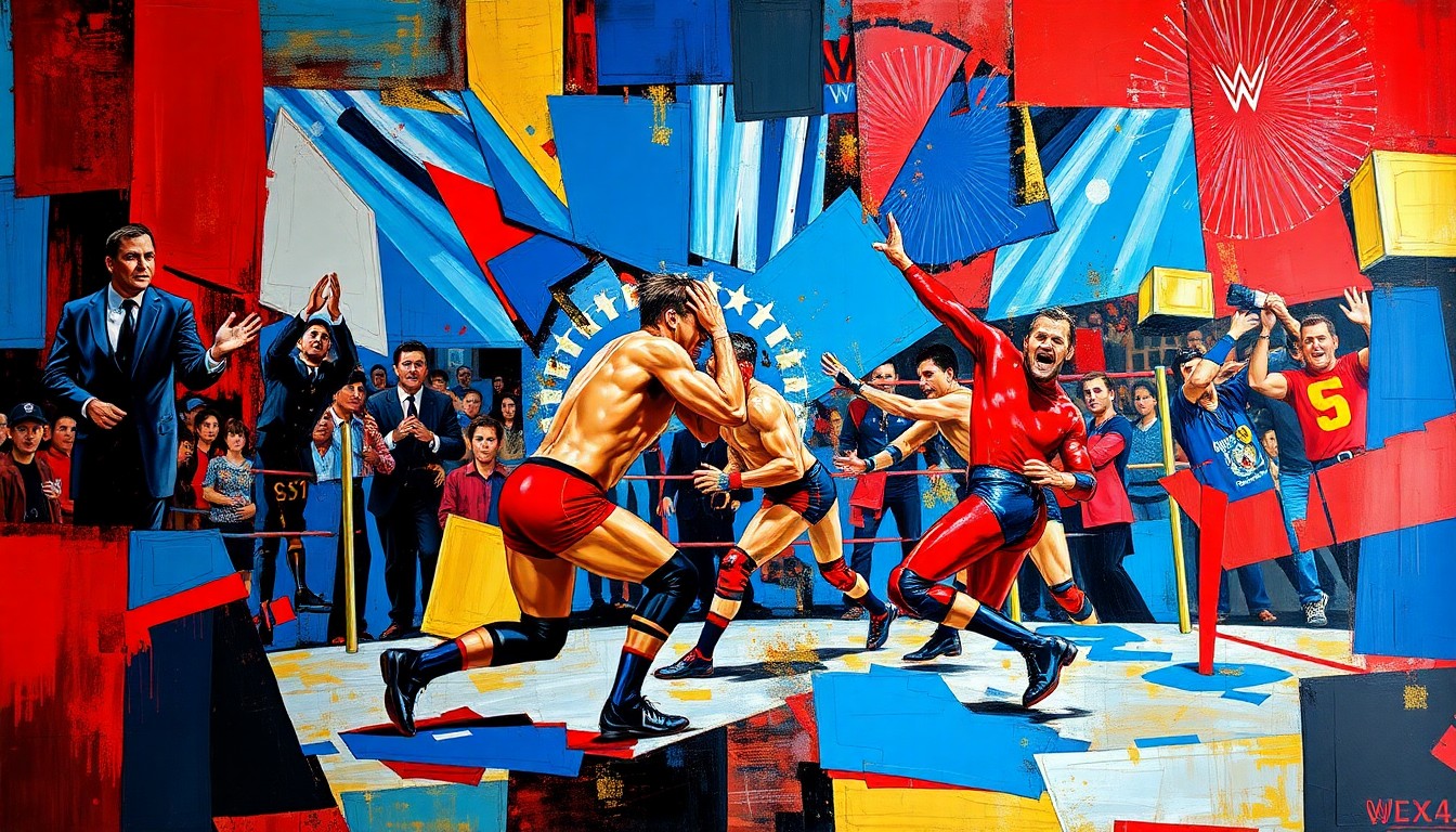 A cubist-inspired painting featuring overlapping geometric shapes and planes in bold, contrasting colors, conceptually representing the high-stakes action and spectacle of a WrestleMania event.