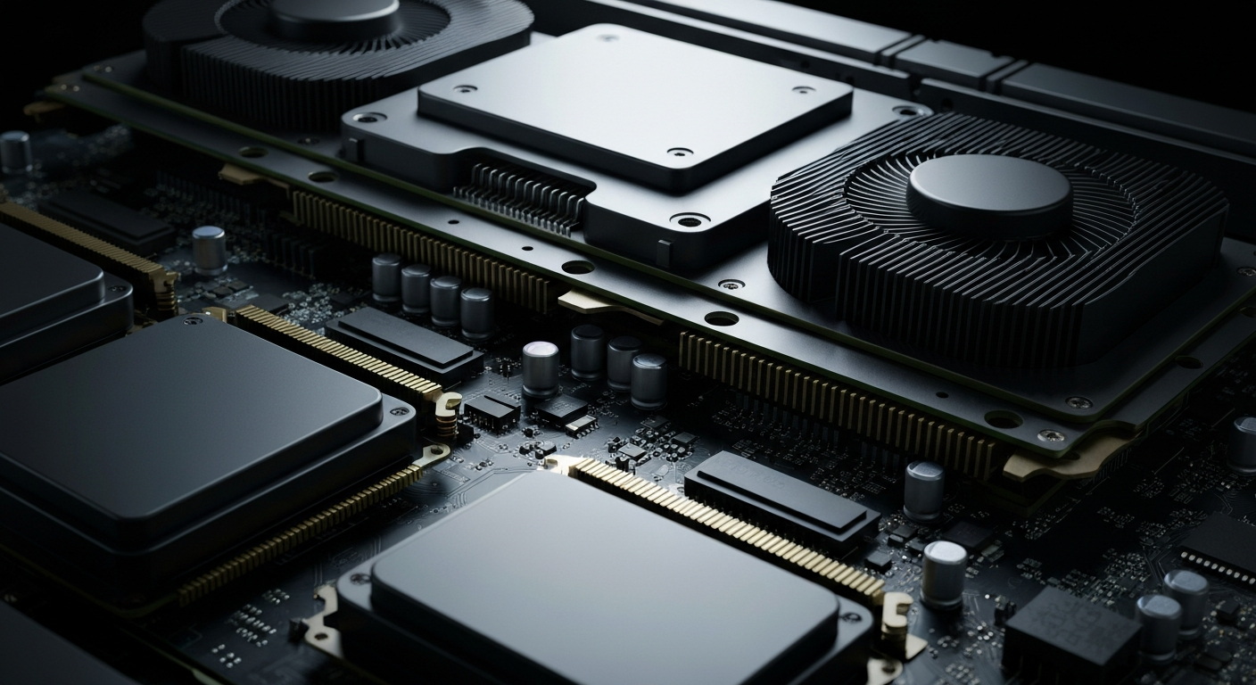 An extreme close-up of NVIDIA's intricate GPU hardware, with a focus on the complex circuitry and cooling systems that power the company's cutting-edge technology. The image conveys the precision and power of NVIDIA's products without using any text or branding.