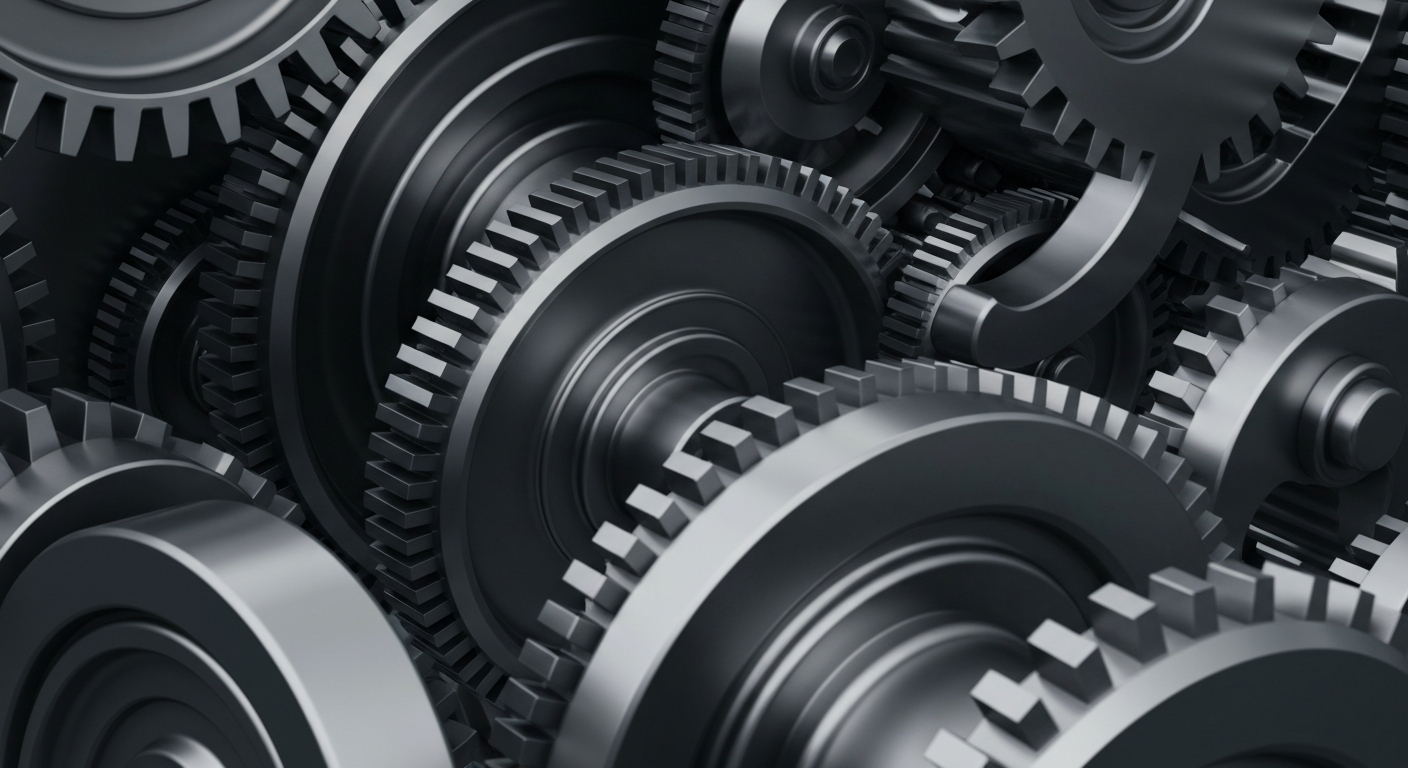 A highly detailed, cinematic close-up image of heavy, industrial metal gears and machinery in shades of steel grey and gunmetal, conveying the complex financial infrastructure and institutional power underlying the global sportswear industry.