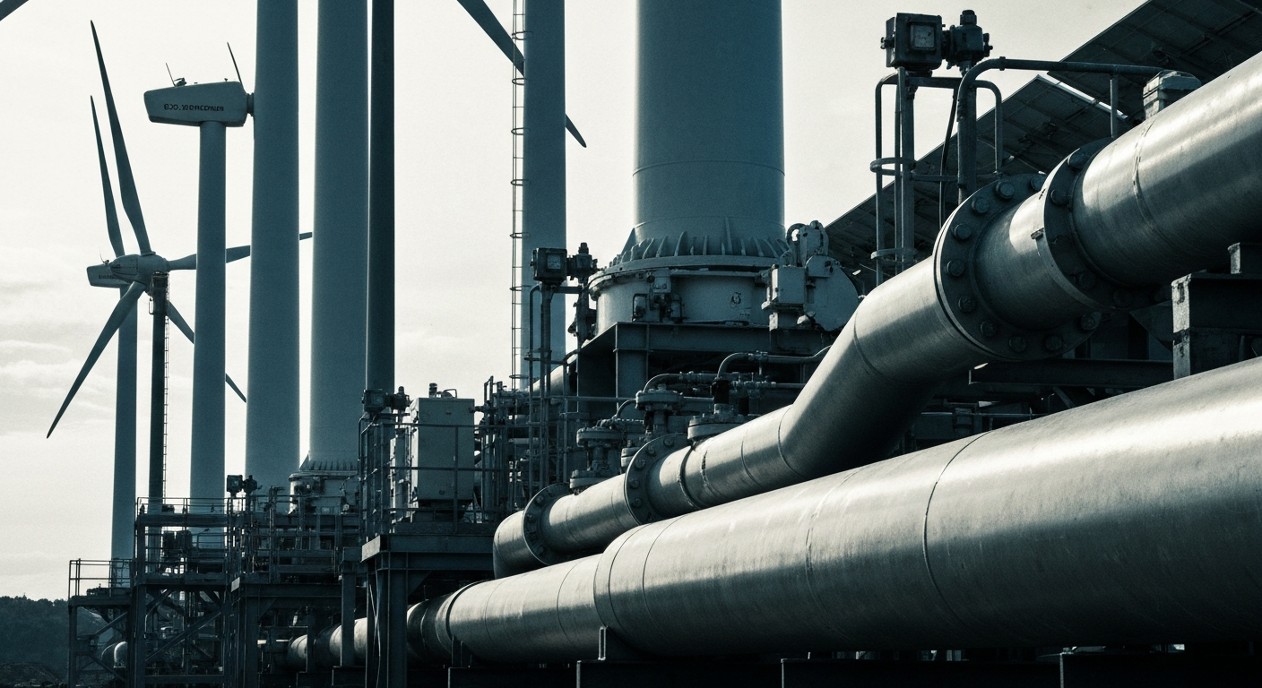 An extreme close-up of industrial machinery and equipment used in renewable energy infrastructure, such as wind turbines or solar panels, captured in a gritty, textured style reminiscent of the photographic work of Margaret Bourke-White, conveying the physical scale and power of these systems.