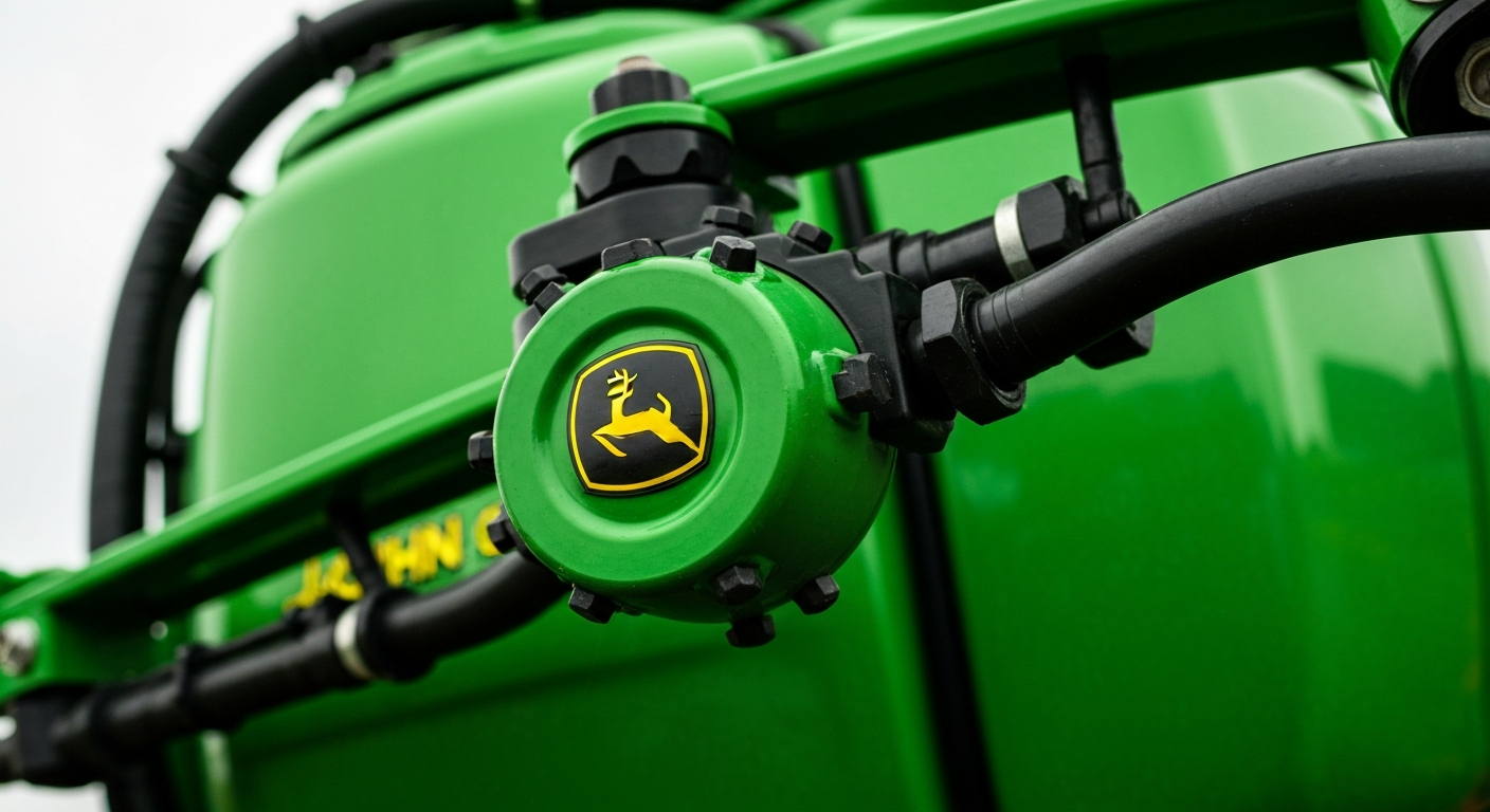 An extreme close-up of the pebbled metal surface of a sprayer nozzle, capturing the intricate engineering and raw materials of modern agricultural equipment in a conceptual illustration.