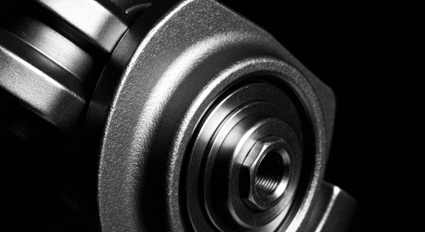 An extreme close-up of the textured metal surface and intricate mechanical components of the DuraWear Depth Adjustment Handle, captured in dramatic lighting and high contrast to convey the product's precision engineering and durability.