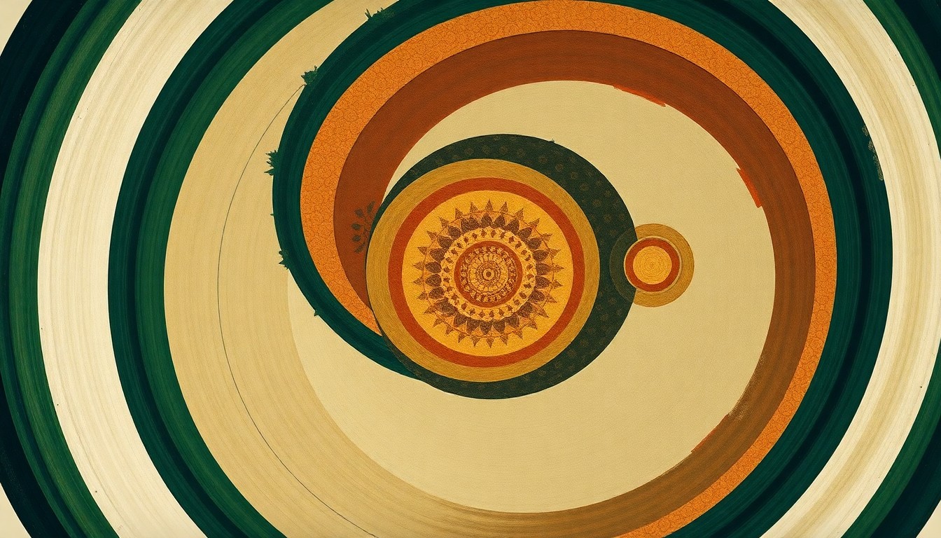 A bold, highly structured abstract painting in muted earth tones, featuring sweeping geometric arcs, concentric circular patterns, and precise botanical spirals, conveying the structural order and natural cycles of regenerative farming without any text or identifiable elements.