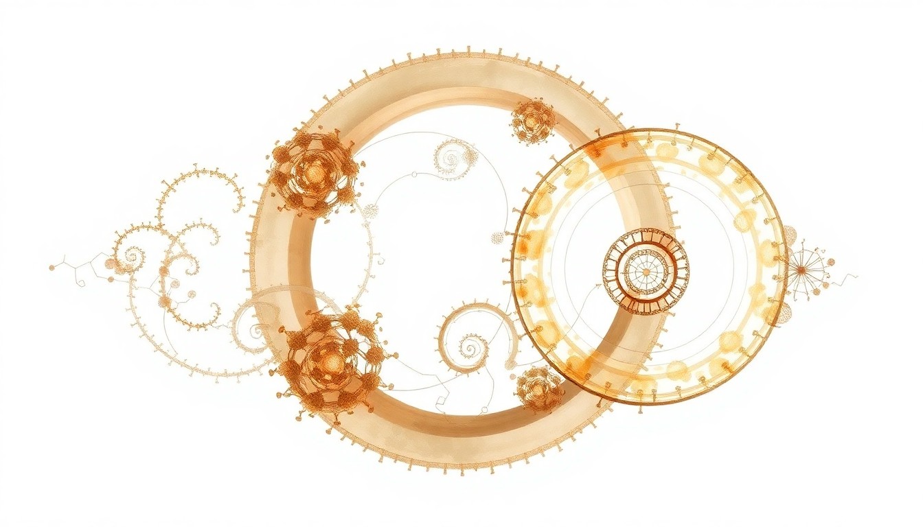 A highly textured, abstract painting featuring sweeping geometric shapes and botanical spirals in muted earth tones, conceptually representing the complex molecular structures and interactions of the Bacillus thuringiensis Cry1Ab and Cry1Ac proteins.