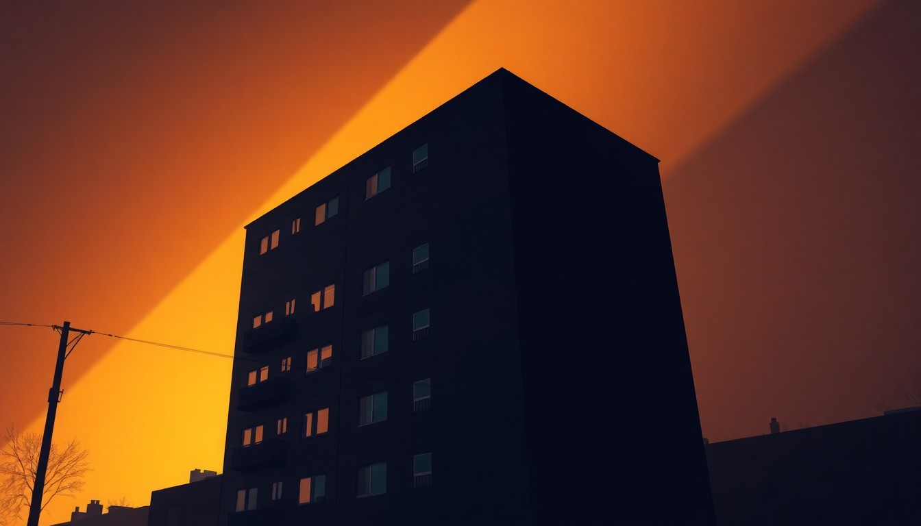 A serene, cinematic painting of a single apartment building in Seattle, with warm sunlight casting long shadows across the facade, conveying the quiet struggle to address the city's affordable housing crisis.