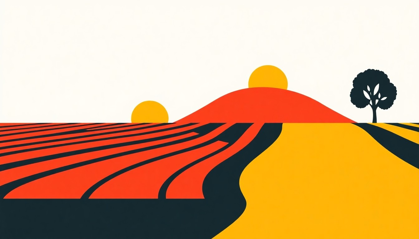 A minimalist abstract illustration using bold geometric shapes and primary colors to represent the concepts of modern no-till farming techniques and their role in sustainable food production.