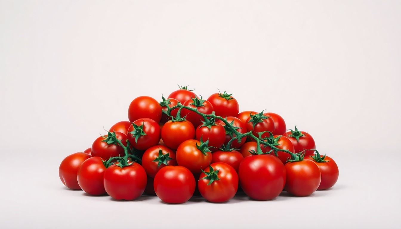 A close-up photograph of a pile of vibrant, freshly picked tomatoes on a plain white background, conveying the central role of this produce in the story of rising costs affecting small businesses.
