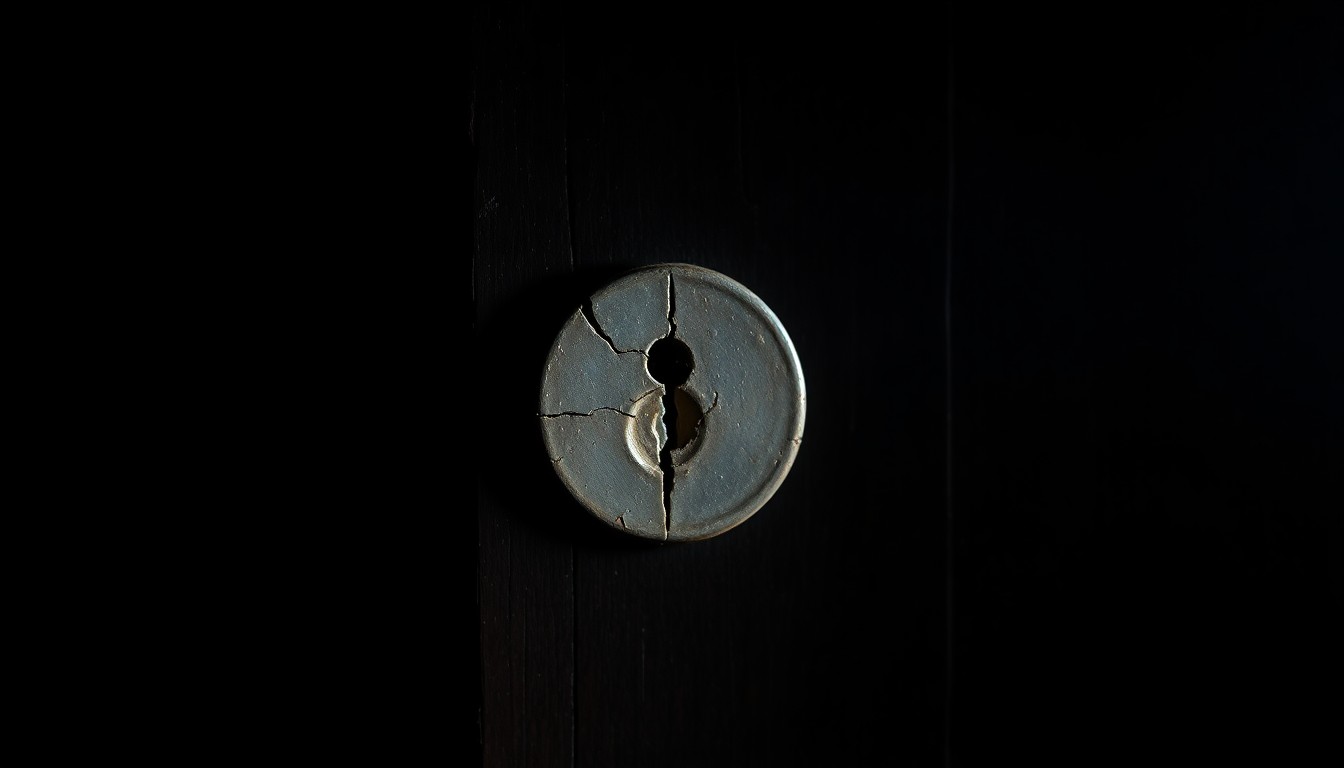 An extreme close-up of a weathered, cracked door lock, dramatically lit by a harsh flash against a dark background, conceptually representing the unsolved mystery of an elderly woman's brutal murder.