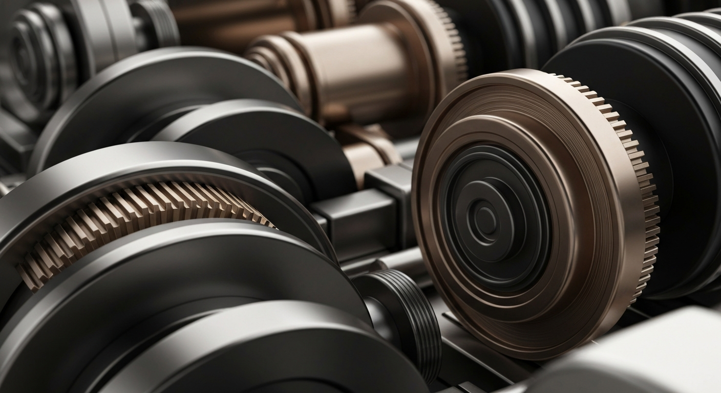 A cinematic close-up of heavy, polished banking machinery and mechanical components in shades of steel grey, bronze, and black, conveying a sense of institutional financial power and security without using literal currency or charts.