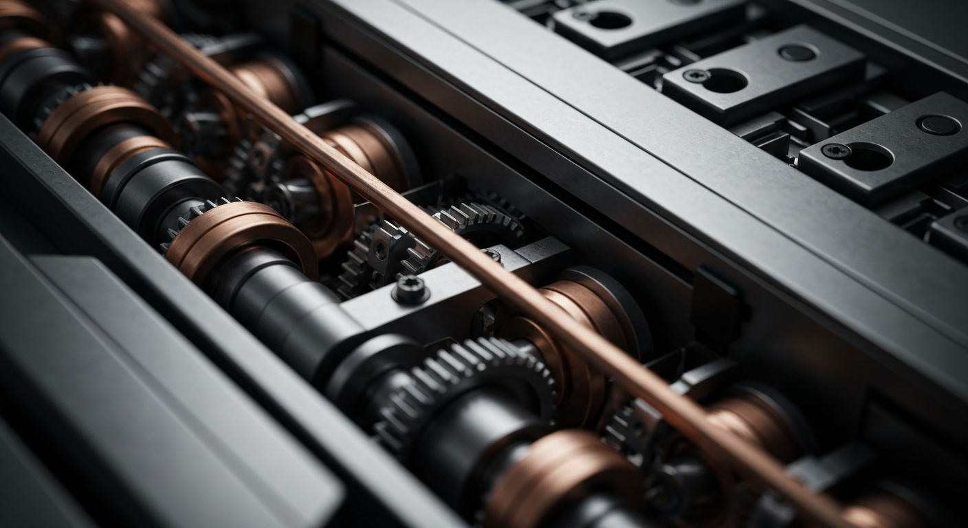 A highly detailed, macro-level view of the inner workings of a credit card processing machine, with gears, circuits, and metallic components filling the frame in muted industrial tones, conveying a sense of the sophisticated financial infrastructure that powers the payments industry.