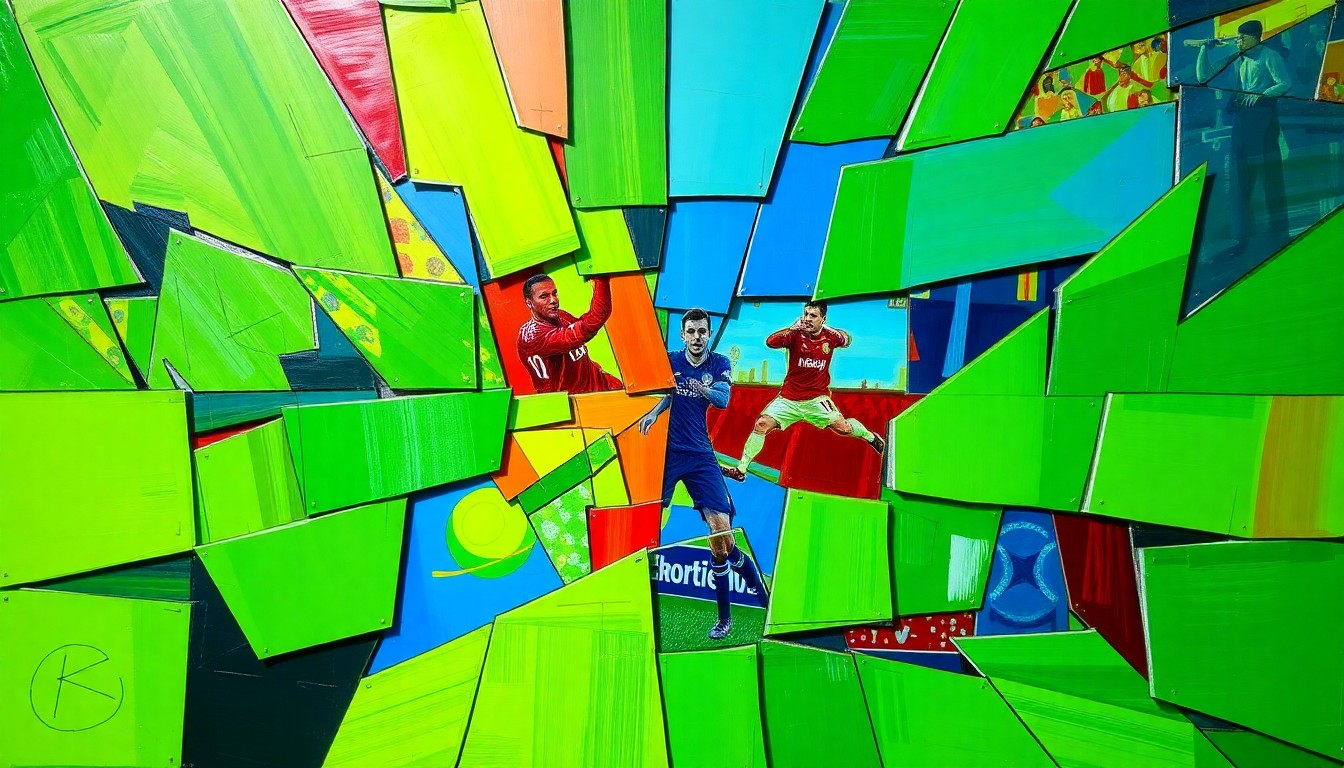A cubist, geometric painting depicting a soccer match, with overlapping planes of bright green, blue, and red representing the action on the field.