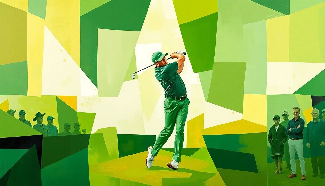 A cubist, geometric painting depicting Rory McIlroy's golf swing and Masters tournament victory, with sharp, overlapping planes of green and gold colors representing the energy and dynamism of his performance.