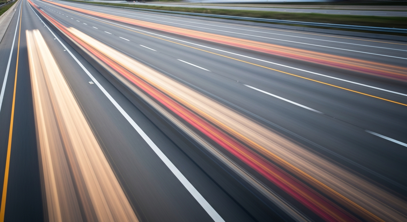 An abstract, colorful image depicting a vehicle in motion on a highway, with blurred lines and streaks of color representing the speed and dynamism of the new 183 toll road infrastructure.