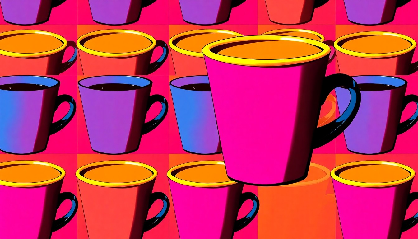 A brightly colored, high-contrast silkscreen print of a coffee cup repeated in a tight grid pattern, conceptually representing the lively community events and local businesses featured in the Patch AM newsletter.