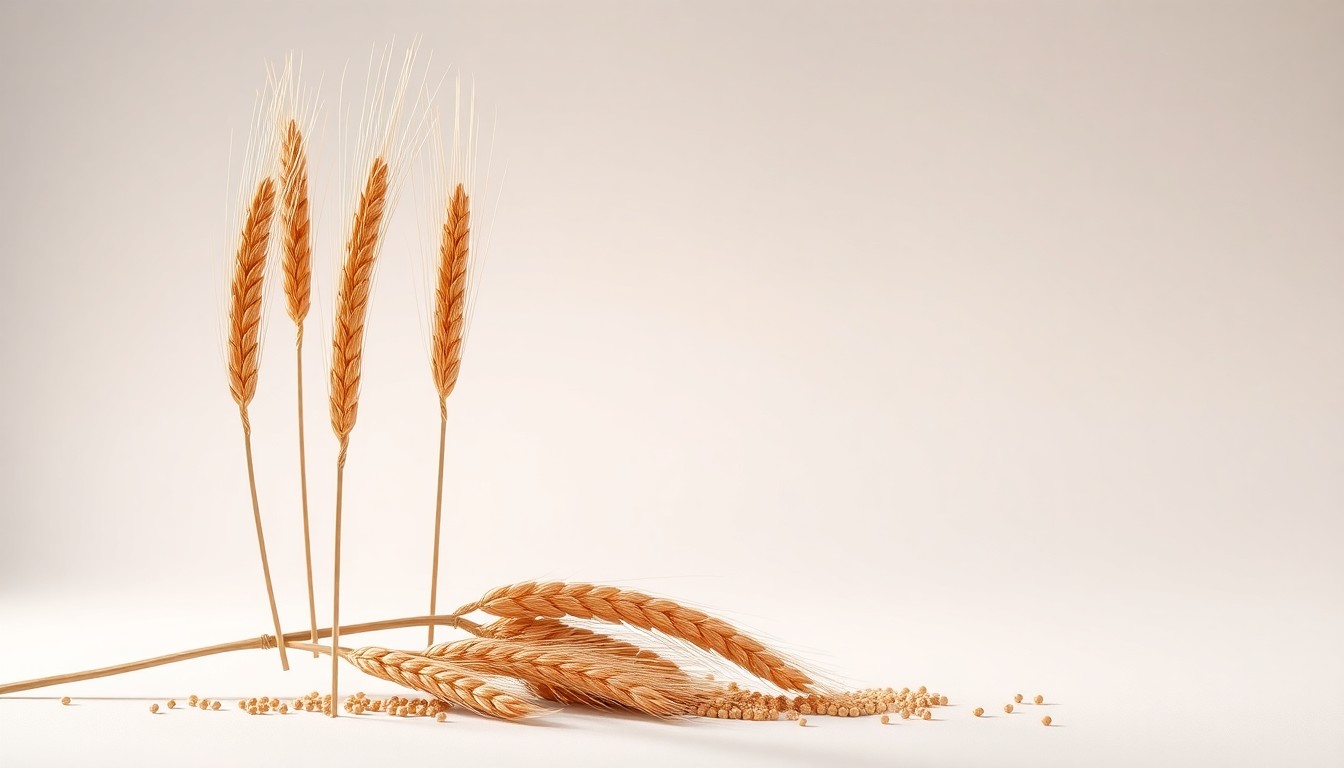 A high-end, photorealistic studio still-life photograph featuring a collection of premium, polished wheat stalks and grains arranged elegantly on a clean, monochromatic background, conceptually representing the Landreth family's specialized expertise in direct seeding wheat.