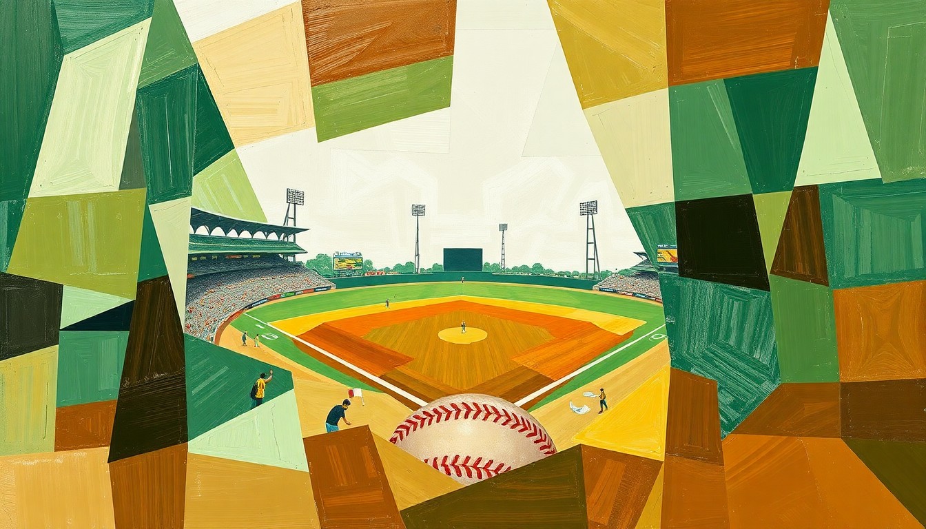 A fragmented, geometric painting depicting the dynamic motion and energy of a high school baseball game, with overlapping planes of green, brown, and white representing the field, players, and equipment.