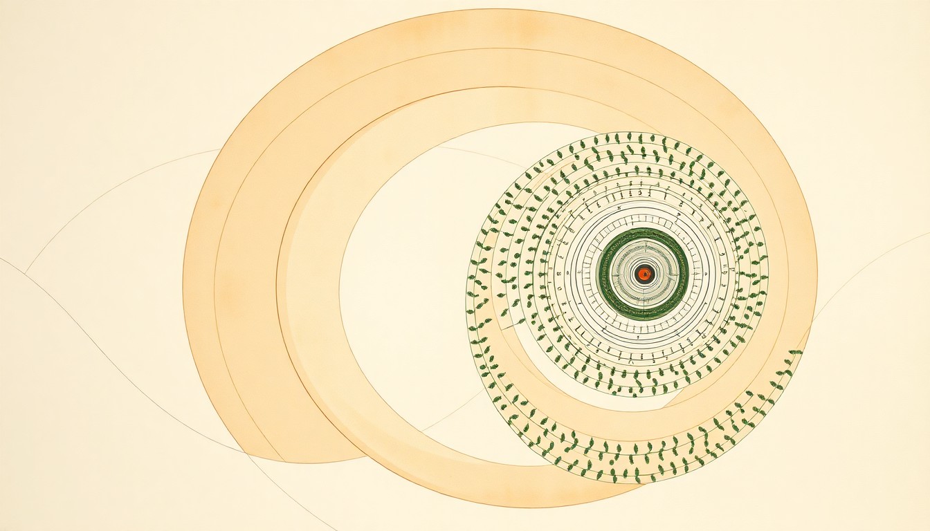 A bold, geometric abstract painting in soft, earthy tones, conveying the structural order and complexity of pesticide application through sweeping arcs, concentric circles, and precise botanical spirals, without using any text or symbols.